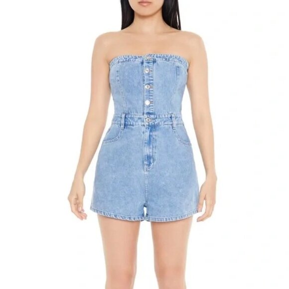 Denim Strapless Jumpsuit - Picture 1 of 5